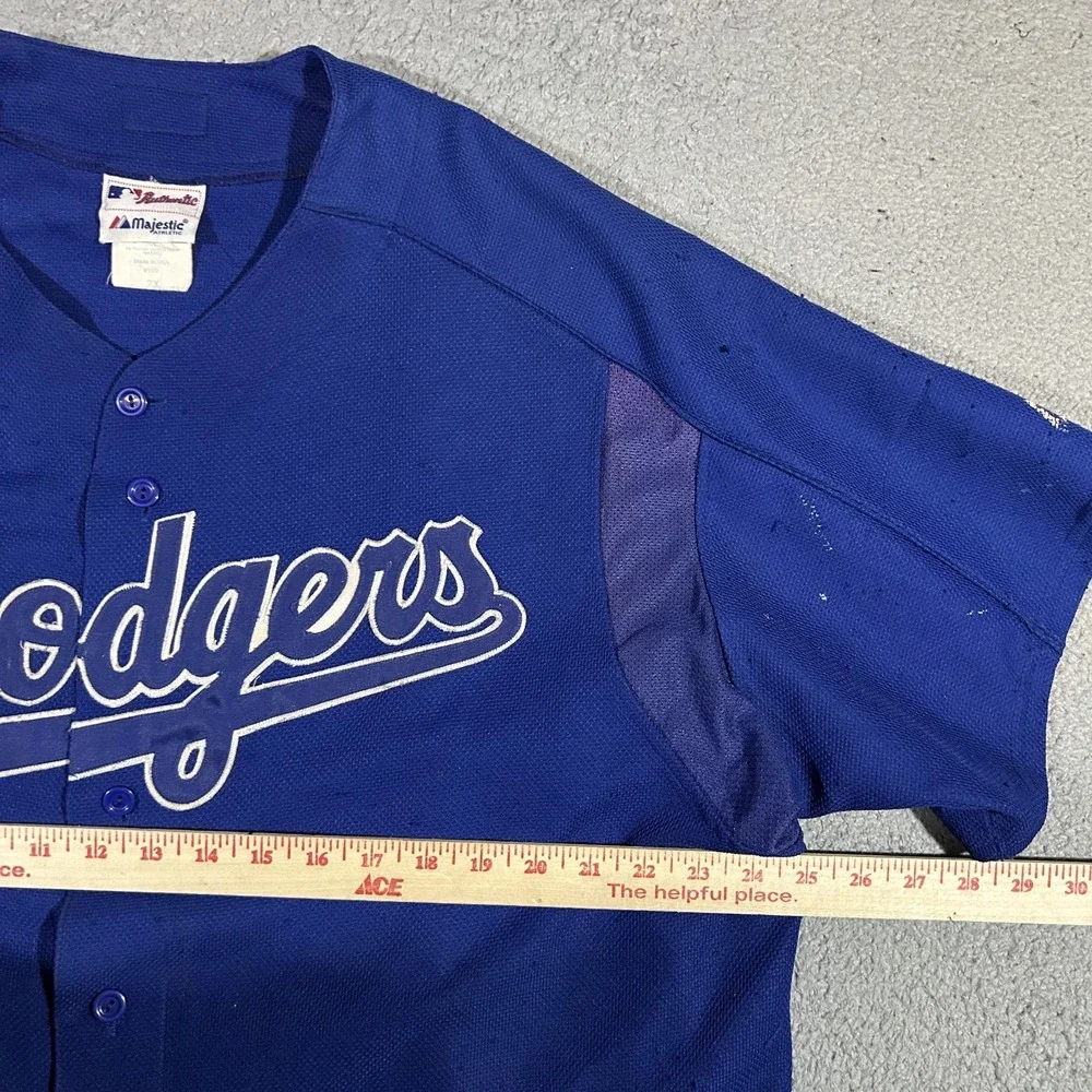 Vintage MAJESTIC LOS ANGELES DODGERS BLUE BASEBALL JERSEY 2XL BUTTON UP #3621